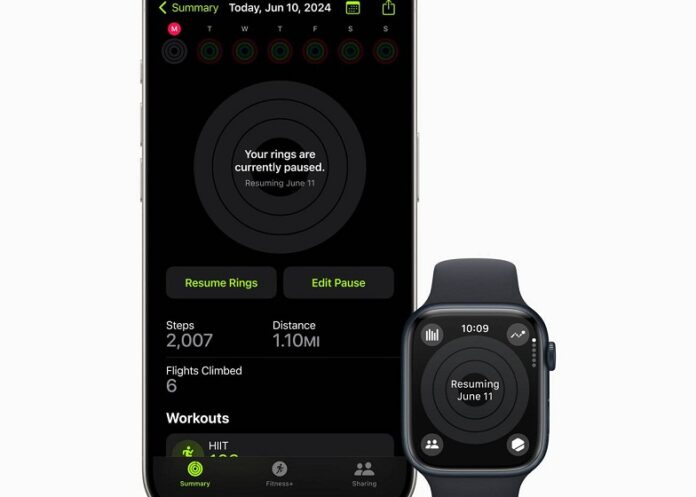 Tạm dừng vòng hoạt động trong watchOS 11 và ứng dụng Watch trên iPhone (Ảnh: Internet)