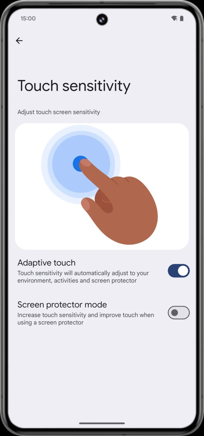 Google đang phát triển tính năng Adaptive Touch cho Android 15, tự động điều chỉnh độ nhạy cảm ứng dựa trên môi trường, hoạt động của người dùng và việc sử dụng miếng dán màn hình (Ảnh: Internet)