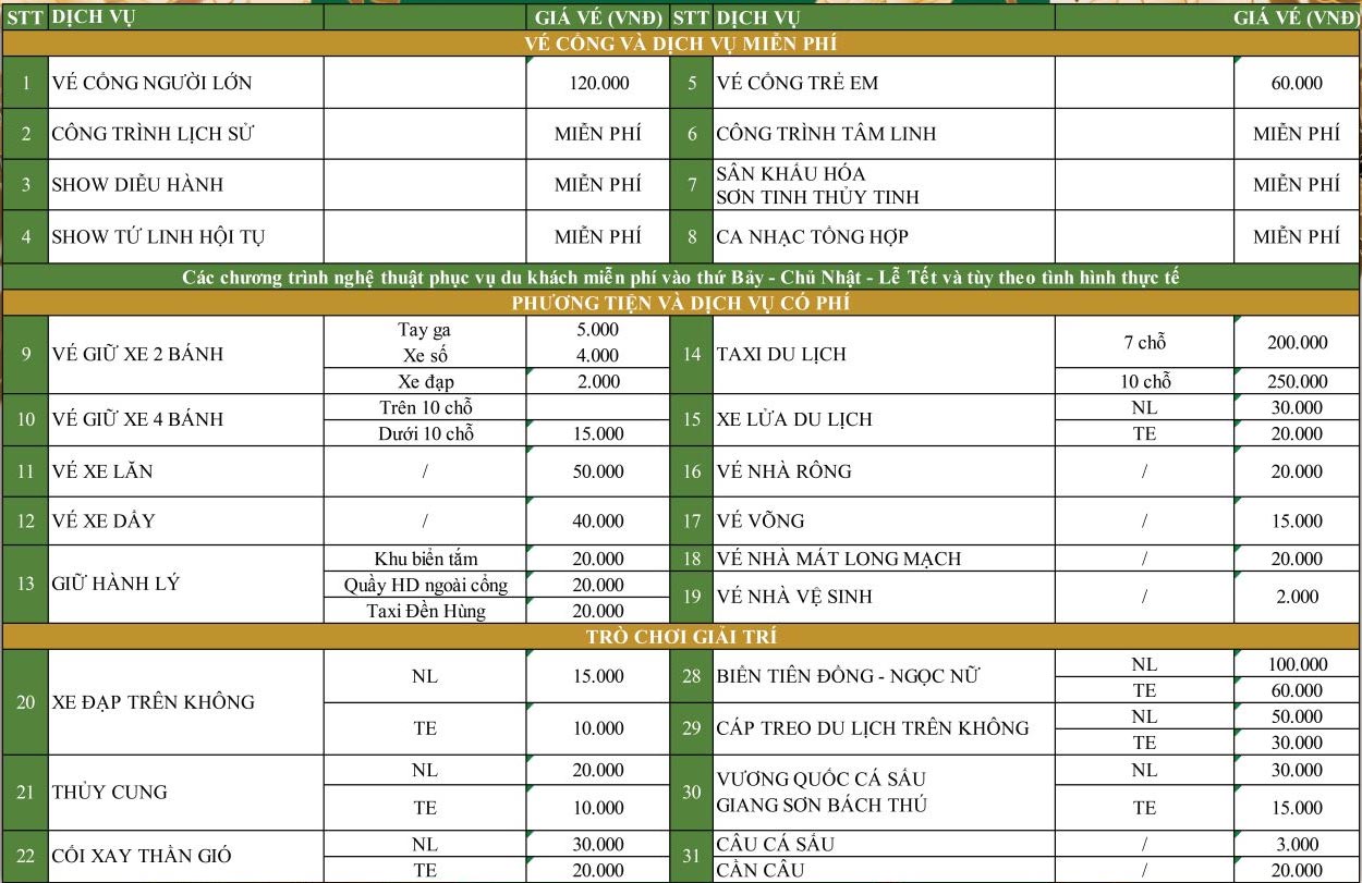 Bảng giá dịch vụ KDL Suối Tiên (Ảnh: Inetrnet)