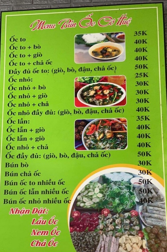 Menu của quán bún ốc cô Huệ (Nguồn: Internet)