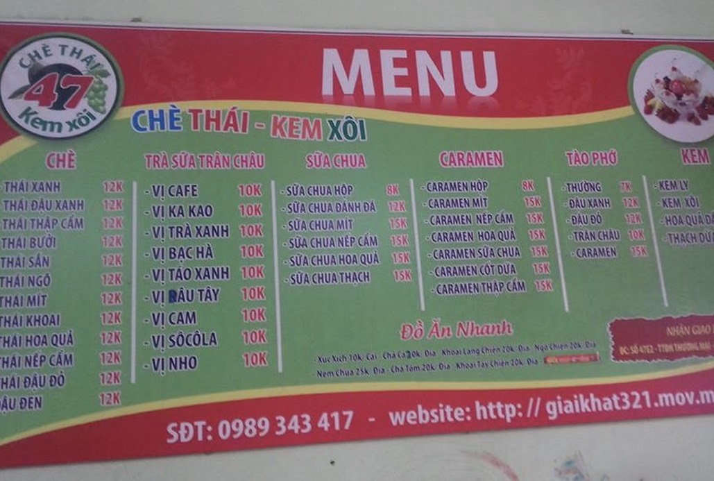 Menu của quán. (Ảnh: Internet)