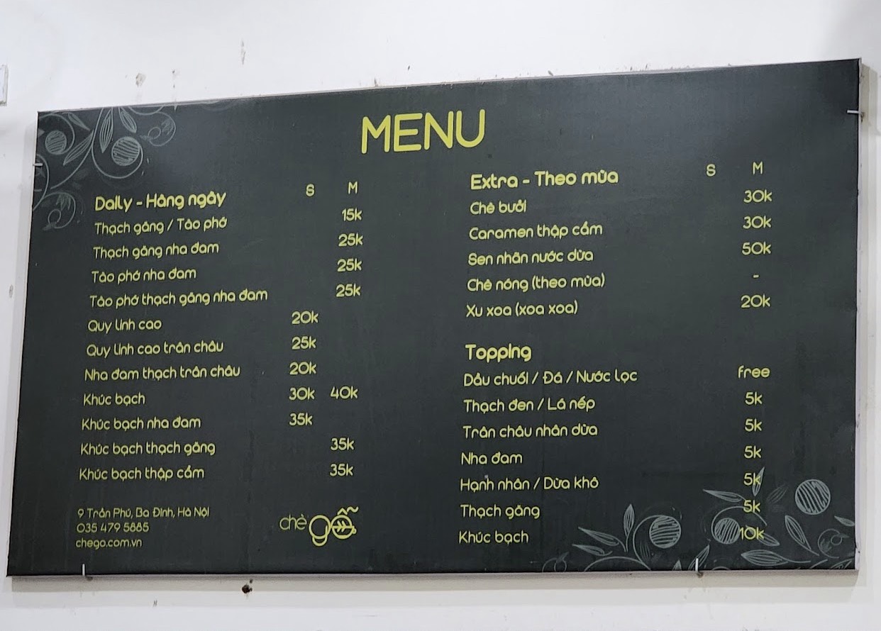 Menu của quán. (Ảnh: Internet)