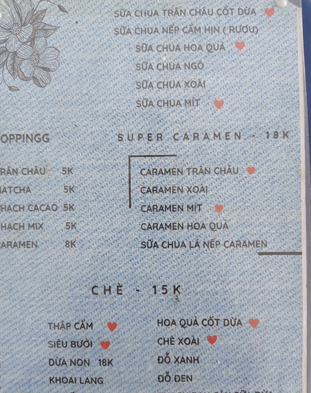 Menu của quán. (Ảnh: Internet)