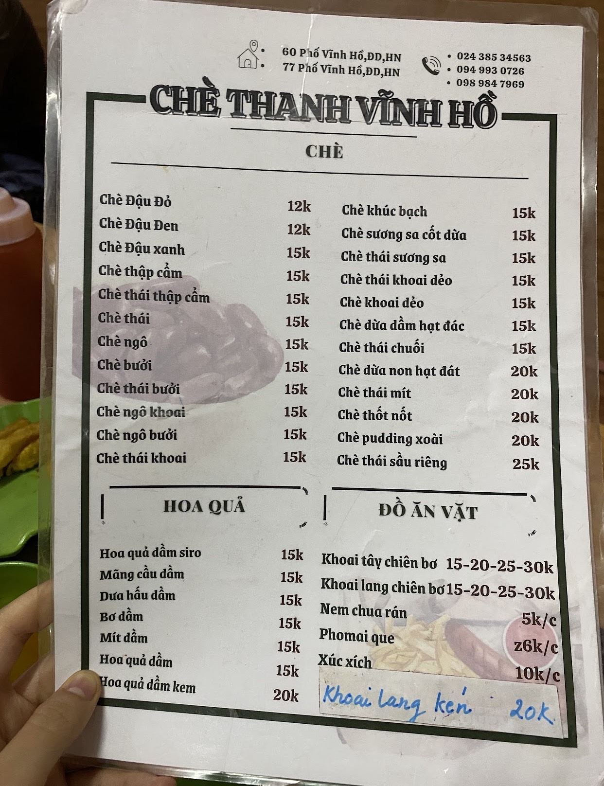 Menu của quán. (Ảnh: Internet)