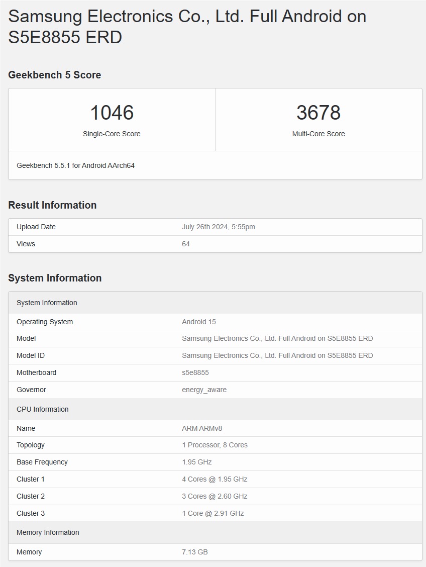 Điểm Geekbench của Exynos 1580 (Ảnh: Internet)