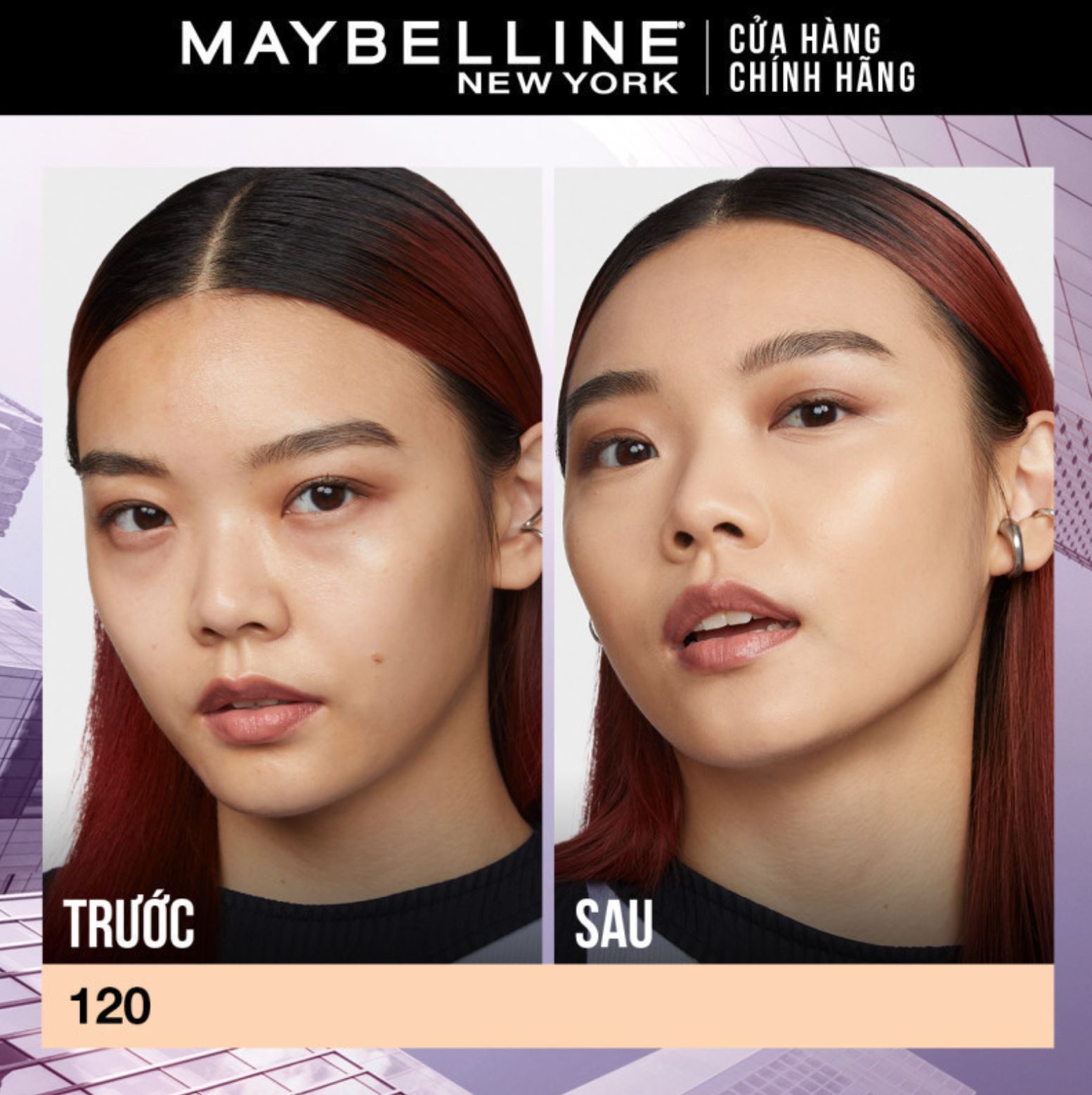 Trước và sau khi sử dụng kem nền bắt sáng Maybelline Superstay Lumi Matte (Nguồn: Maybelline)
