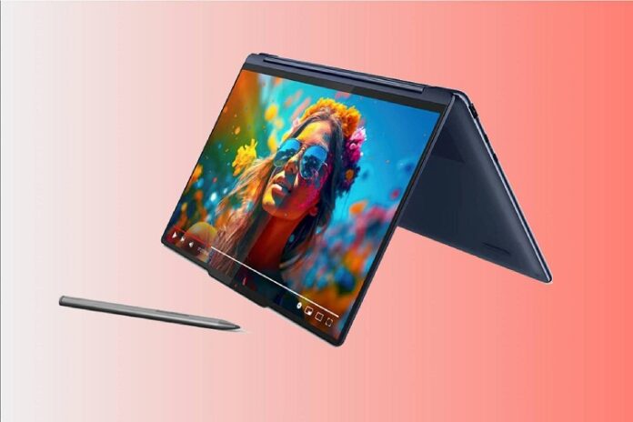 Laptop Yoga 9i của Lenovo ở chế độ gập dạng lều cùng với bút cảm ứng (Ảnh: Internet)