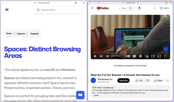 Chế độ xem chia đôi màn hình của Arc Browser giúp xem nhiều tab cùng lúc (Ảnh: Internet)
