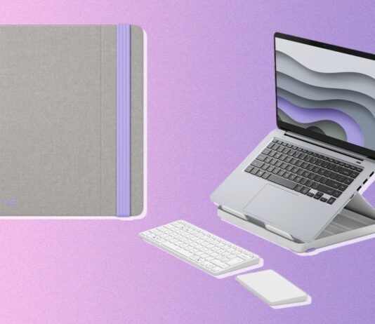 Bộ sản phẩm giá đỡ laptop Logitech Casa Pop-up Desk có kèm bàn phím và bàn di chuột (Ảnh: Internet)