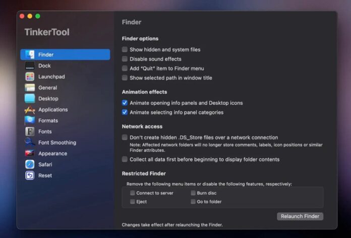 Ứng dụng TinkerTool trên máy Mac hiển thị các chức năng điều chỉnh cho hệ thống và ứng dụng (Ảnh: Internet)