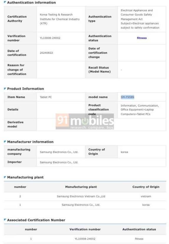 Thiết bị Samsung mang số model SM-F958N, được cho là Galaxy Z Fold6 Slim (Ảnh: Internet)