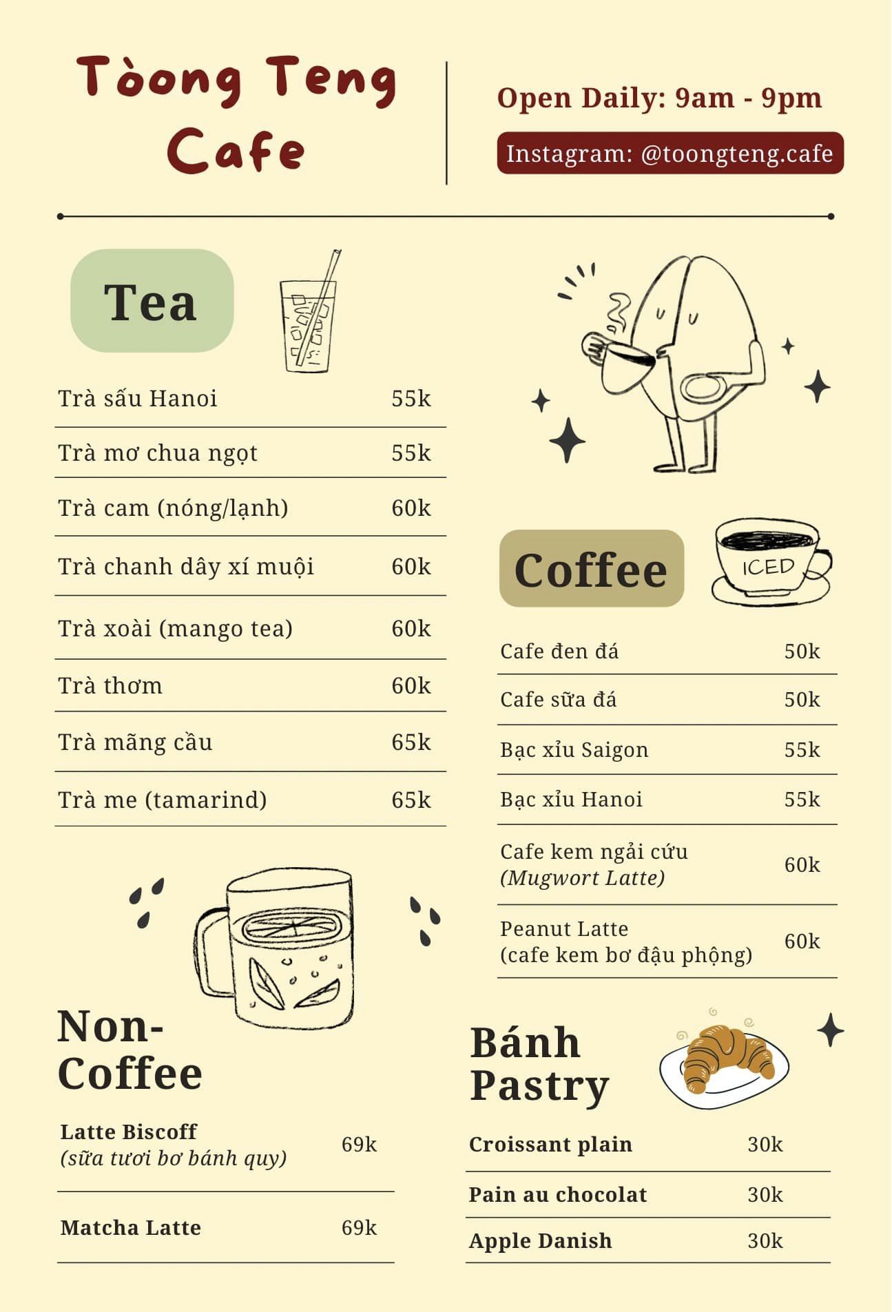 Menu nước (nguồn: Facebook Toòng teng studio & cafe)