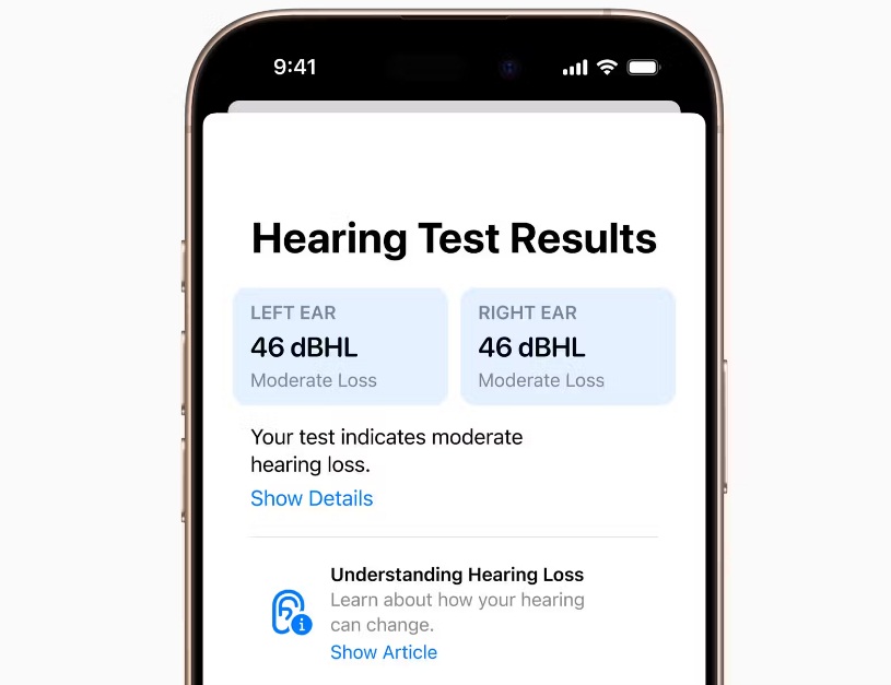 Kết quả kiểm tra thính lực của tai nghe AirPods Pro được hiển thị trên iPhone (Ảnh: Internet)