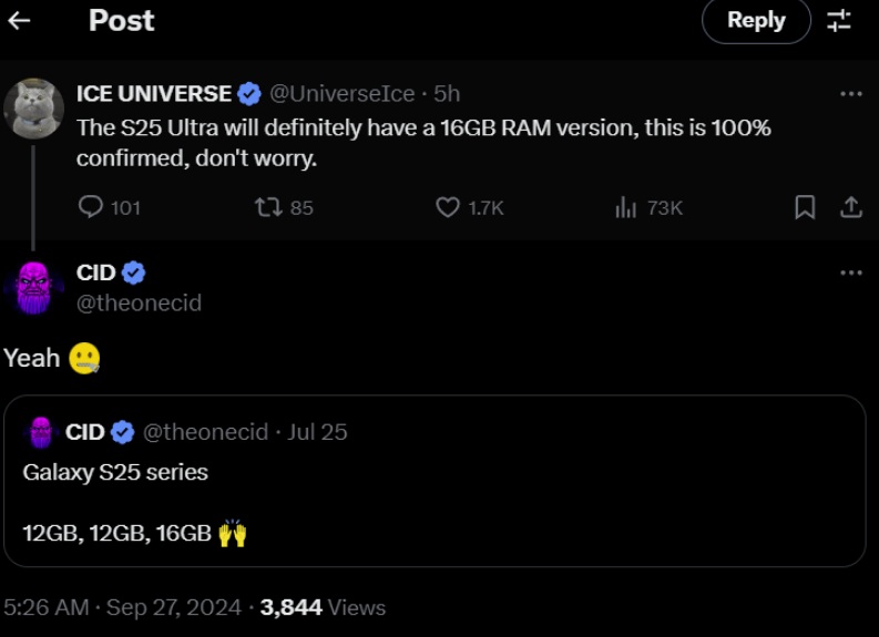 Tài khoản Ice Universe tiết lộ về RAM của điện thoại Galaxy S25 Ultra (Ảnh: Internet)