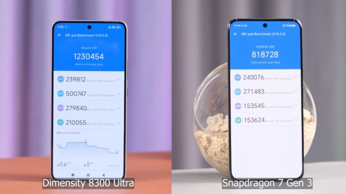 Điểm số Antutu của Xiaomi 14T và Honor 200 (Ảnh: Internet)