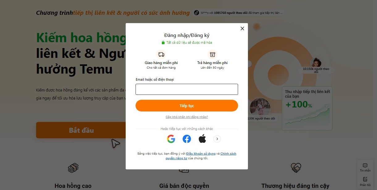 Nhập email hoặc số điện thoại để tạo tài khoản Temu (Ảnh: BlogAnChoi)