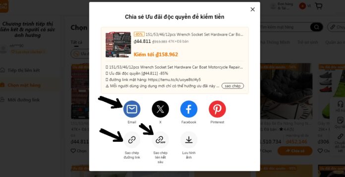 Sao chép link chia sẻ sản phẩm hoặc chia sẻ trực tiếp qua email và mạng xã hội (Ảnh: BlogAnChoi)