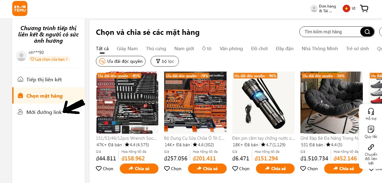 Nhấn nút để mời người nổi tiếng tham gia Temu Affiliate (Ảnh: BlogAnChoi)