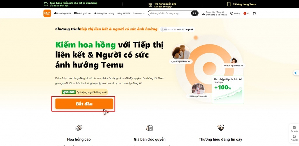 Nhấn nút Bắt đầu để đăng ký tài khoản Temu Affiliate (Ảnh: BlogAnChoi)