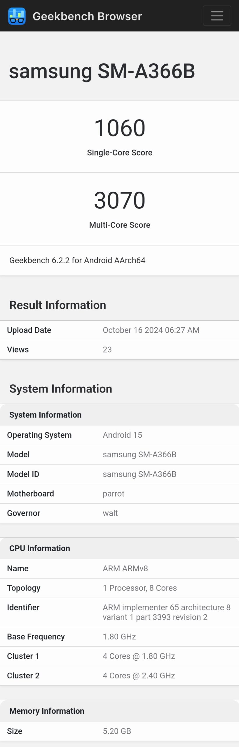 Điểm Geekbench của Galaxy A36 (Ảnh: Internet)