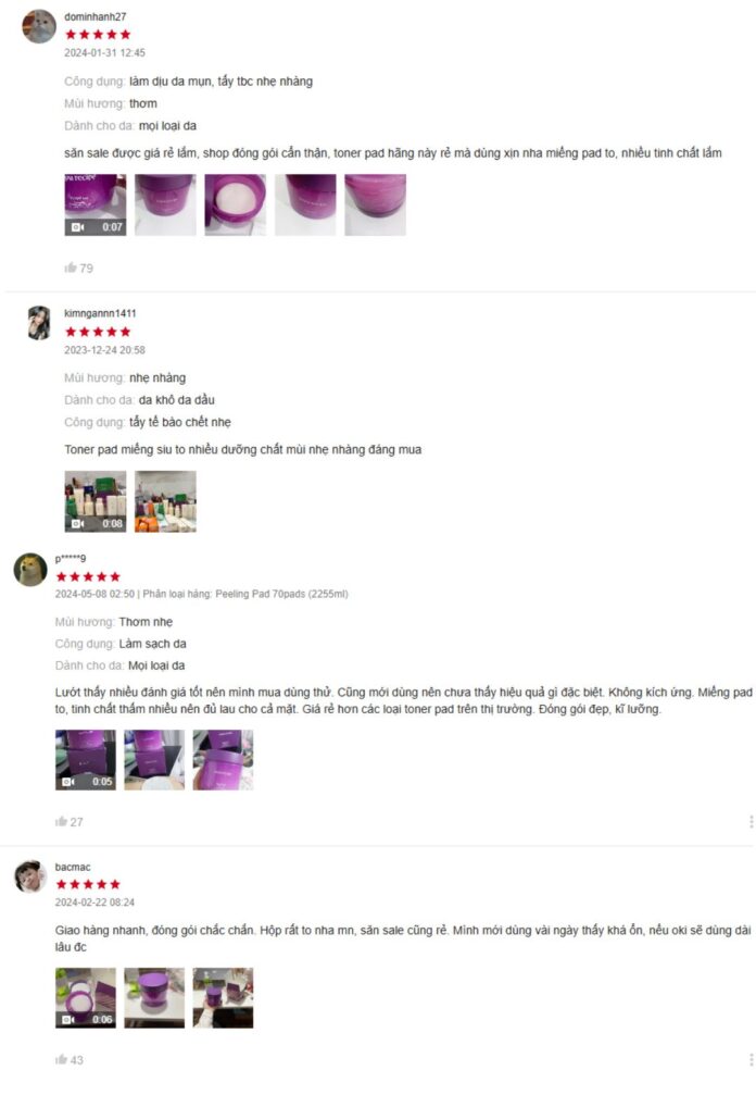 Đánh giá của khách hàng trên Shopee về toner pad Papa Recipe (Ảnh: Internet)