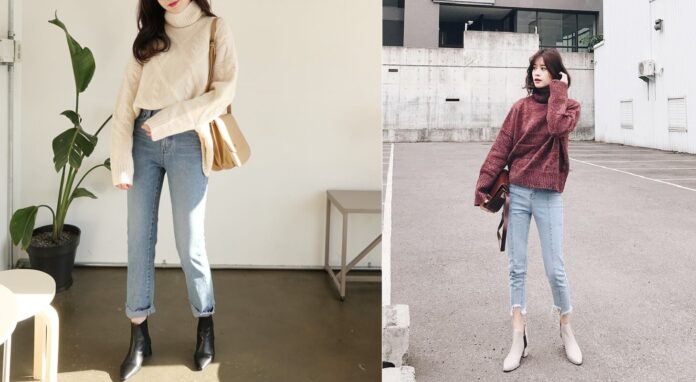 Quần jeans cạp cao phối áo len cổ lọ (Nguồn: Internet)