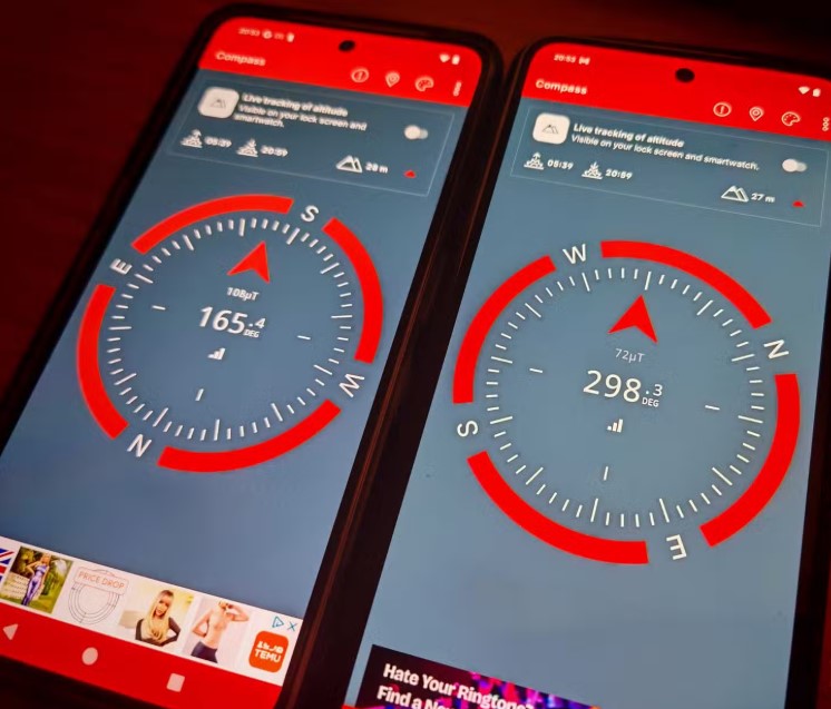 So sánh kết quả la bàn của 2 điện thoại (Ảnh: Internet)