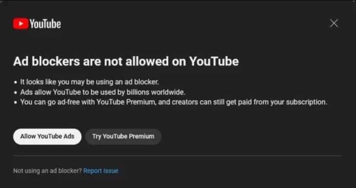 YouTube hiển thị cảnh báo về phần mềm chặn quảng cáo (Ảnh: Internet)