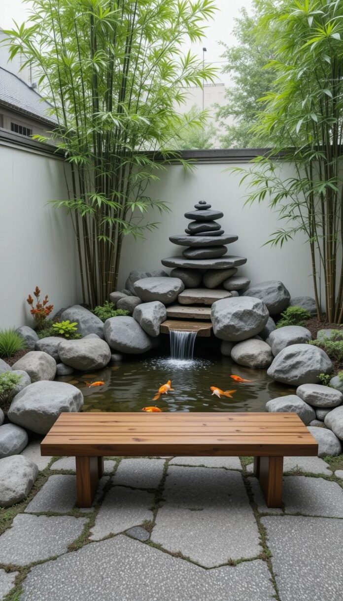 Góc thiền thanh tịnh với tre, đệm và đài phun nước