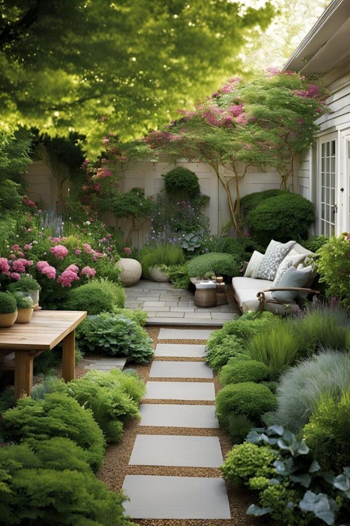 Tận dụng góc sân để đặt một cây cao, một băng ghế nhỏ, tượng trang trí hay thậm chí là đài phun nước mini