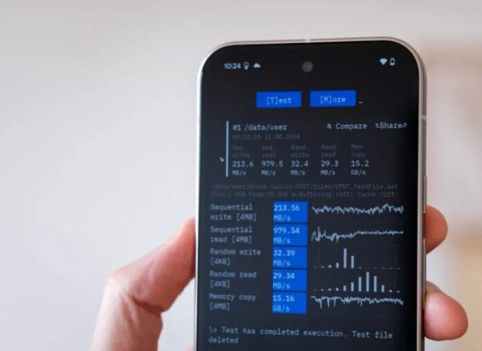 Kết quả đo tốc độ lưu trữ UFS của điện thoại Pixel 9 (Ảnh: Internet) Kết quả đo tốc độ lưu trữ UFS của điện thoại Pixel 9 (Ảnh: Internet)