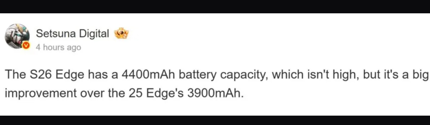 Tiết lộ về dung lượng pin của điện thoại Galaxy S26 Edge trên Weibo (Ảnh: Internet)