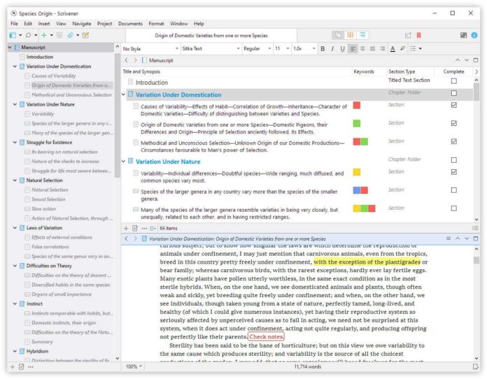 Giao diện của ứng dụng Scrivener (Nguồn: Internet)