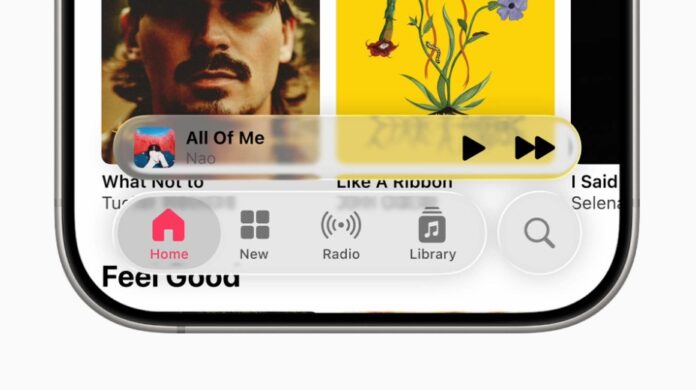 Phong cách thiết kế Liquid Glass trên iOS 26 của Apple. Cận cảnh phần đáy của iPhone hiển thị các nút điều khiển trong suốt mới của Apple Music (Ảnh: Internet) Phong cách thiết kế Liquid Glass trên iOS 26 của Apple. Cận cảnh phần đáy của iPhone hiển thị các nút điều khiển trong suốt mới của Apple Music (Ảnh: Internet)