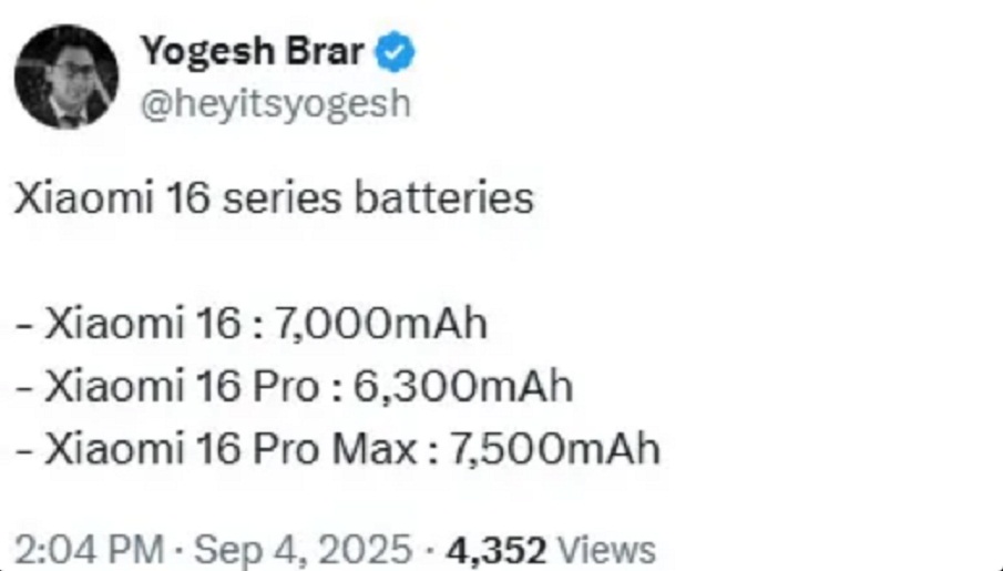 Yogesh Brar nói về dung lượng pin của dòng Xiaomi 16 (Ảnh: Internet)