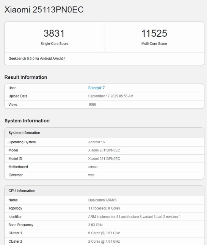 Điểm Geekbench Xiaomi 17 Pro (Ảnh: Internet)