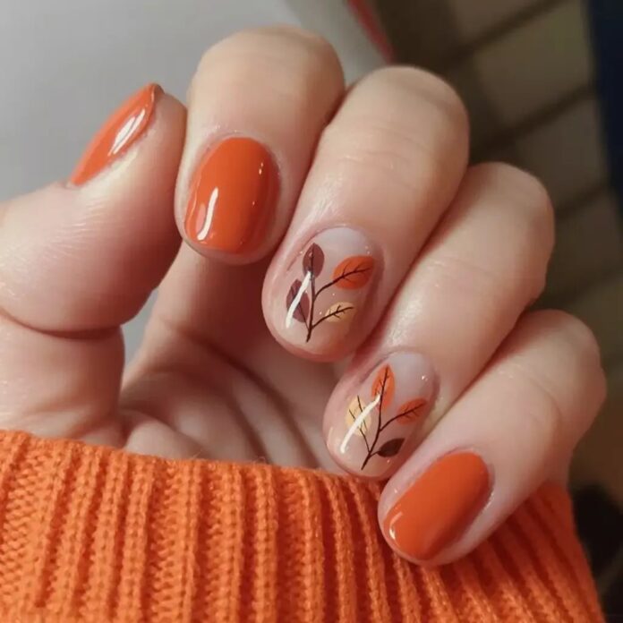 Mẫu nail tay đẹp tone nâu cam ấm áp (Ảnh: Internet)