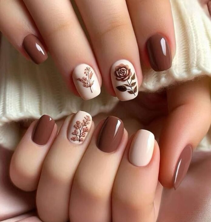 Mẫu nail tay đẹp tone nâu cam ấm áp (Ảnh: Internet)