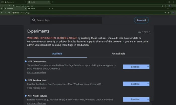 Các flag cần bật trong trình duyệt Chrome Canary để hiển thị các nút Nano Banana và Deep Search ở chế độ tối (Ảnh: Internet) Các flag cần bật trong trình duyệt Chrome Canary để hiển thị các nút Nano Banana và Deep Search ở chế độ tối (Ảnh: Internet)