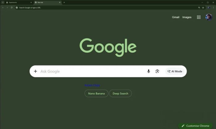 Nút mới Nano Banana và Deep Search xuất hiện trong ô tìm kiếm của Chrome Canary với Chế độ AI ở Chế độ tối (Ảnh: Internet) Nút mới Nano Banana và Deep Search xuất hiện trong ô tìm kiếm của Chrome Canary với Chế độ AI ở Chế độ tối (Ảnh: Internet)