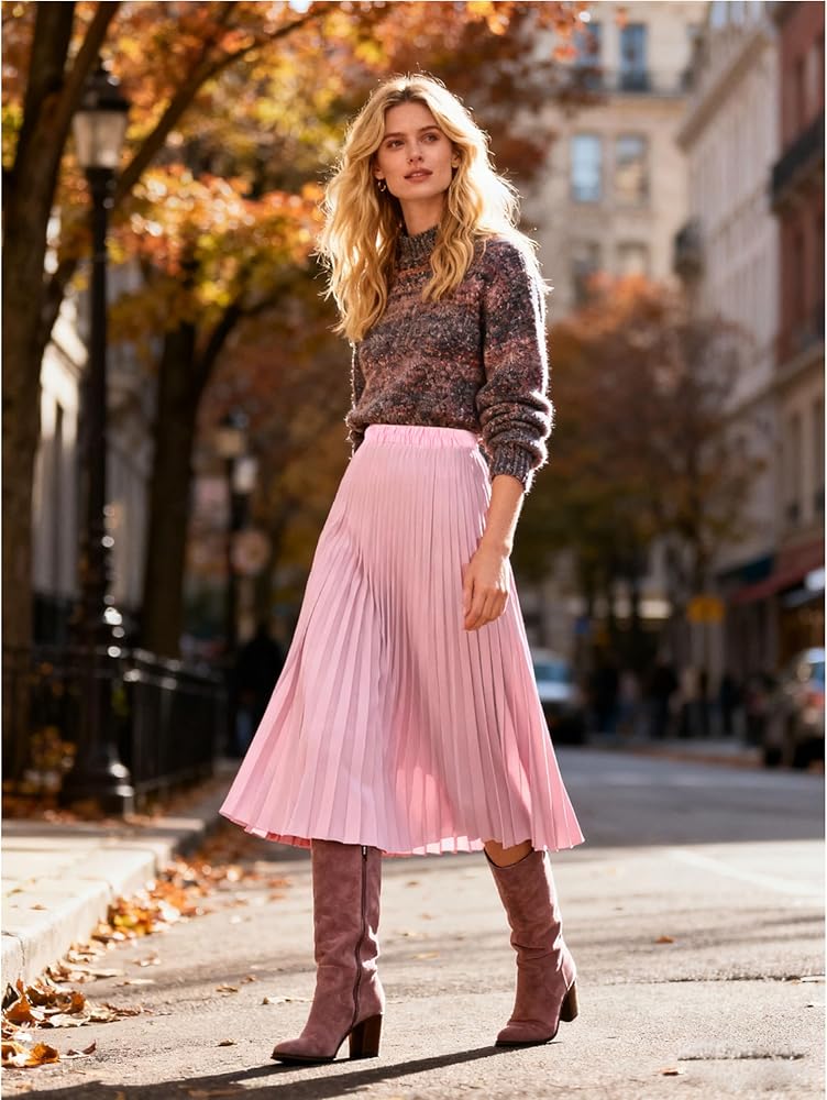 Áo len phối với chân váy xếp ly