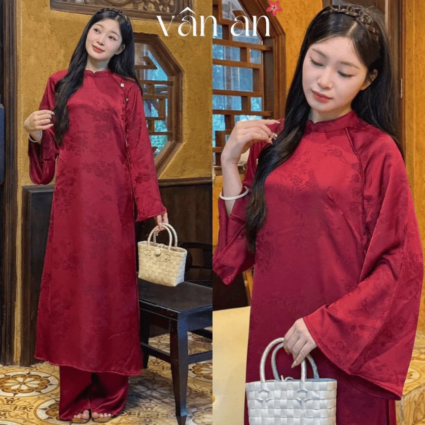 Áo dài gấm tơ in họa tiết Hồng Hạc