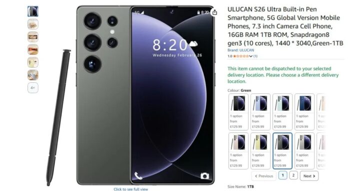 Điện thoại ULUCAN ăn theo Galaxy S26 Ultra được bán trên Amazon (Ảnh: Internet) Điện thoại ULUCAN ăn theo Galaxy S26 Ultra được bán trên Amazon (Ảnh: Internet)