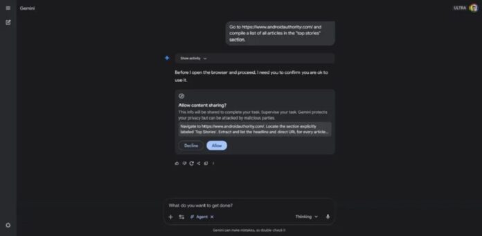 Yêu cầu Gemini Agent lướt trang web thay cho người dùng (Ảnh: Internet) Yêu cầu Gemini Agent lướt trang web thay cho người dùng (Ảnh: Internet)