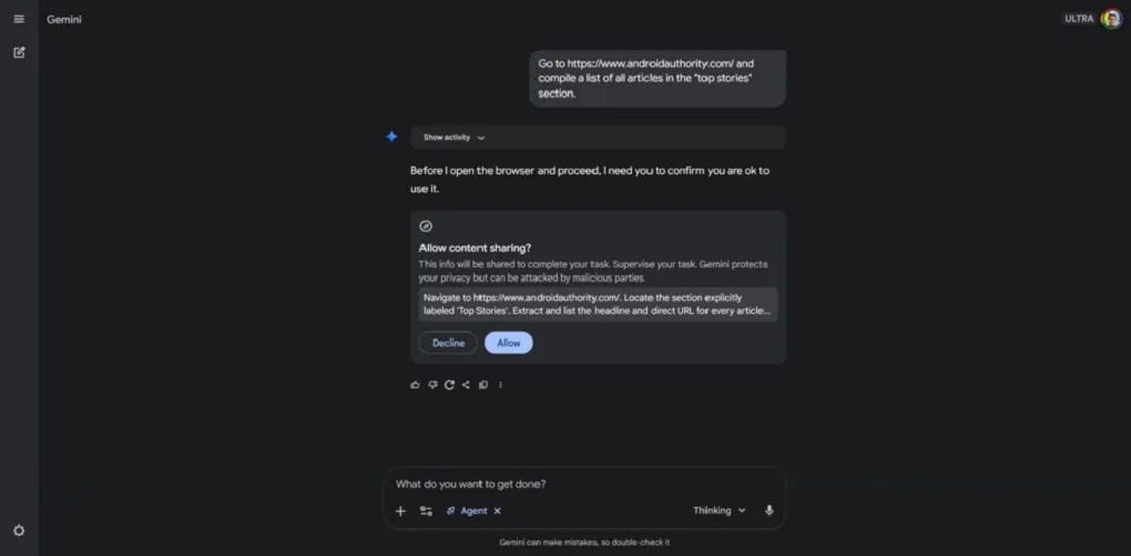 Yêu cầu Gemini Agent lướt trang web thay cho người dùng (Ảnh: Internet)
