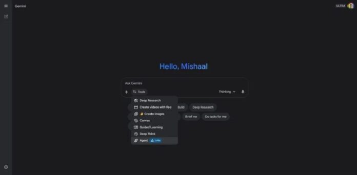 Chọn công cụ Gemini Agent trong menu thả xuống (Ảnh: Internet) Chọn công cụ Gemini Agent trong menu thả xuống (Ảnh: Internet)