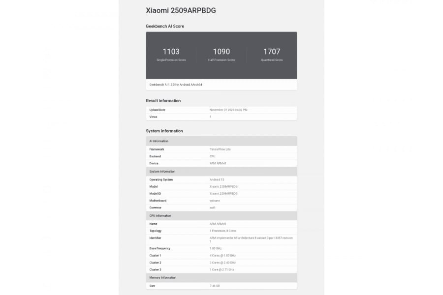 Điểm GeekBench AI của Poco Pad M1 (Ảnh: Internet)