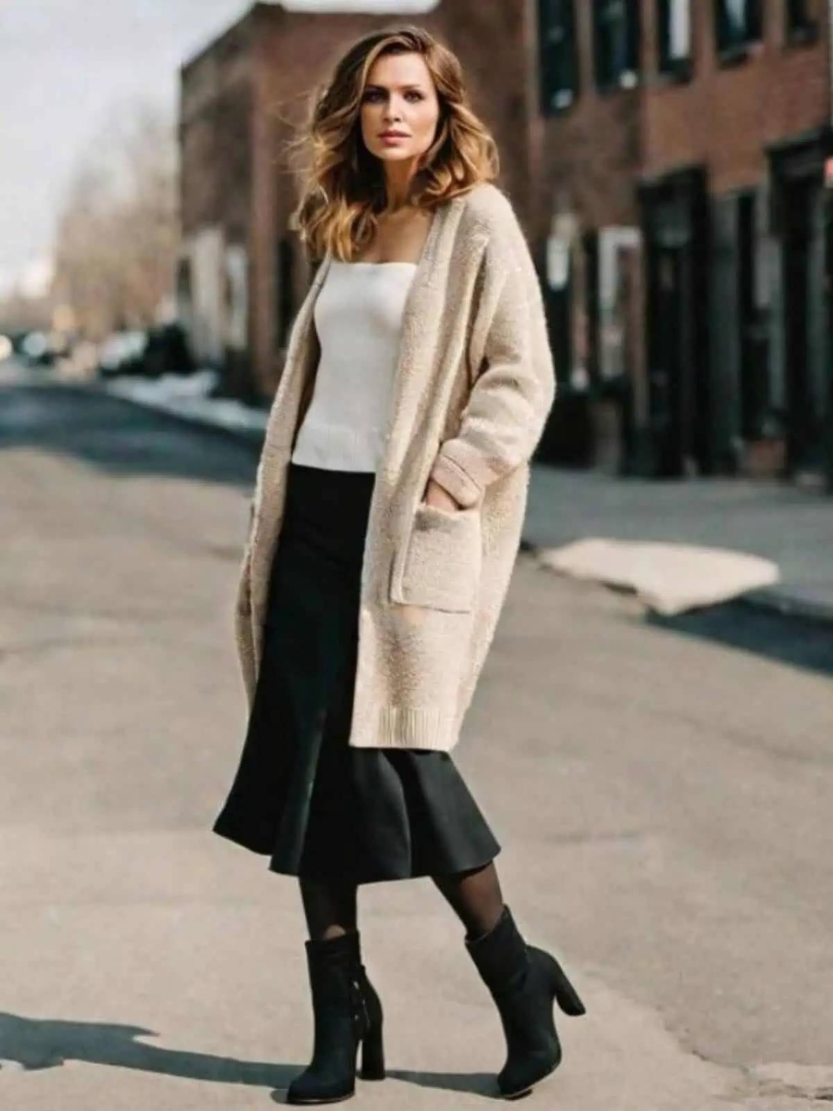 Cardigan dài và chân váy midi