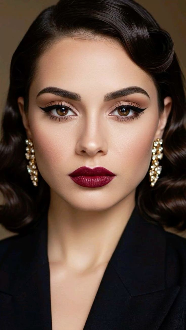 Phấn mắt màu đồng và son môi berry đậm