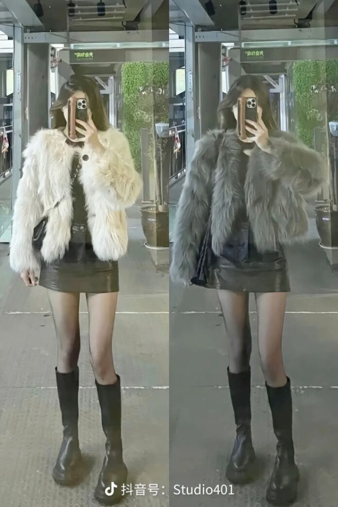 Chân váy da ngắn chữ A và áo khoác lông